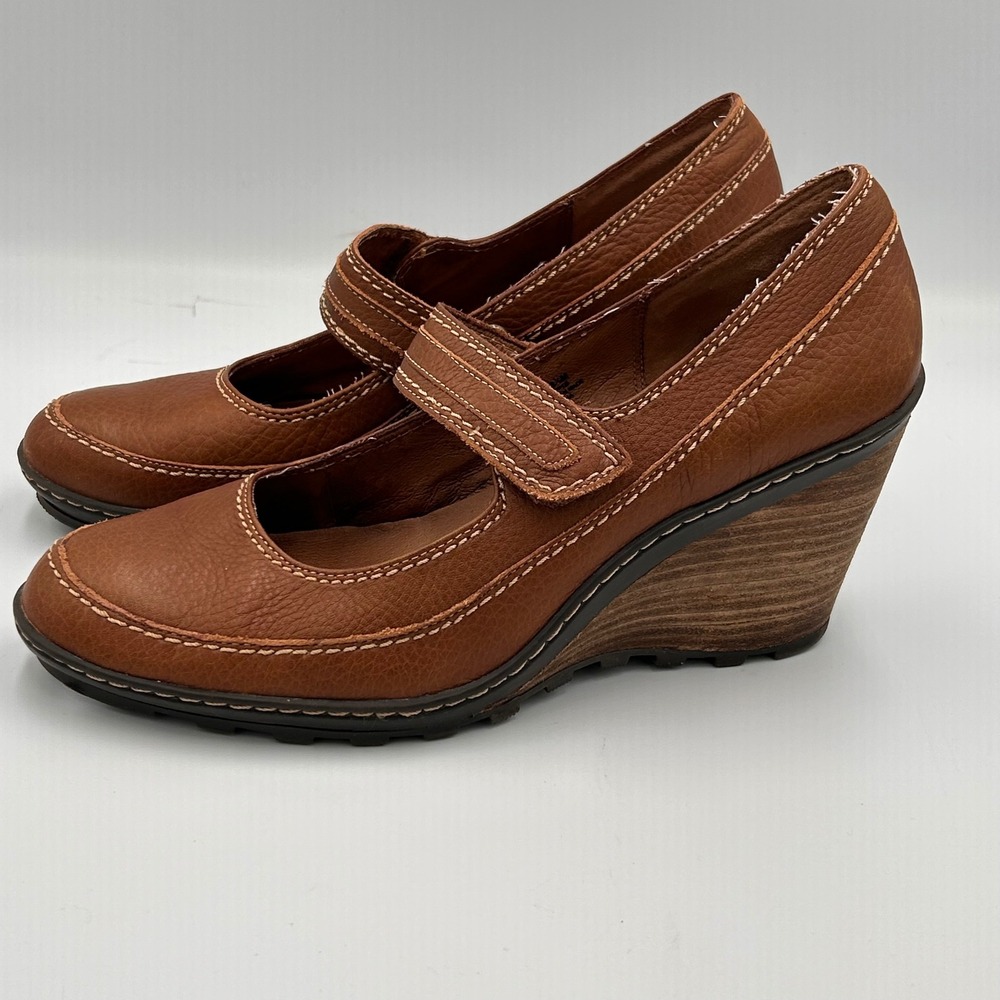Bass‎ Annie Brown Leather Mary Jane Wedge Heels Contrast Stitching Womens 8.5 M